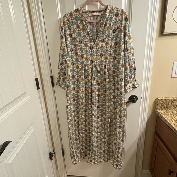 Rue de Femme Caftan Long Maxi Dress Double Front Slit Sand L V-Neck Pockets - Picture 1 of 16